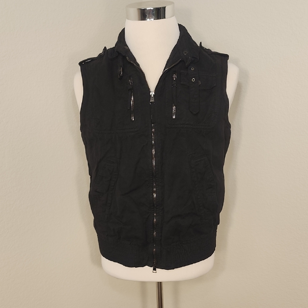 Black Quilted Vest with Full-Length Zipper and Stand-Up Collar